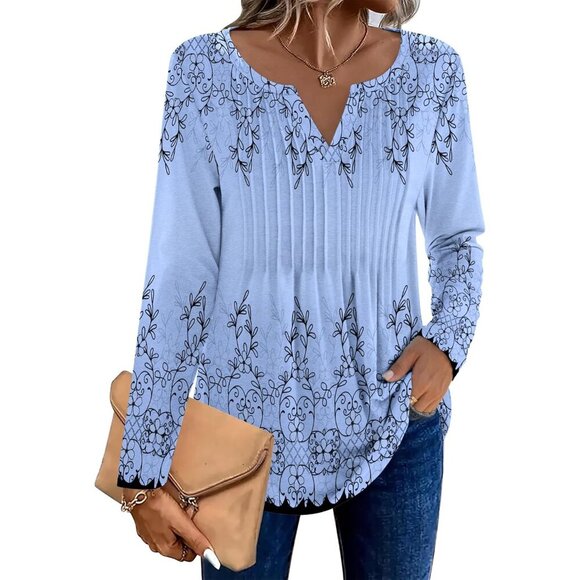 Womens Long Sleeve V Neck Blouse Floral Basic Casual Fall Shirt - Picture 2 of 6